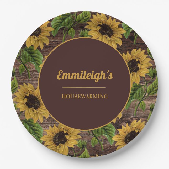 Rustic Wood Country Sunflowers Housewarming Paper Plates (Front)