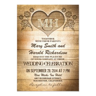 Rustic Wood Wedding Invitation with Carver Heart