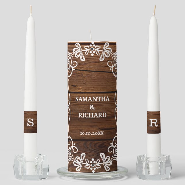 Rustic Wood Country Wedding Monogram Initials Unit Unity Candle Set (Front)