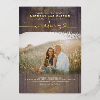 Rustic Wood Country Wedding Photo Foil Invitation | Zazzle