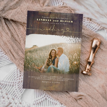 Rustic Wood Country Wedding Photo Foil Invitation by lovelywow at Zazzle