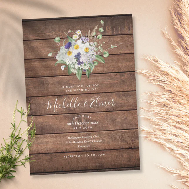 Rustic Wood Country Wildflowers Floral Wedding Invitation | Zazzle