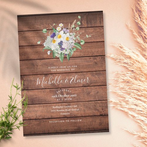 Rustic Wood Country Wildflowers Floral Wedding Invitation