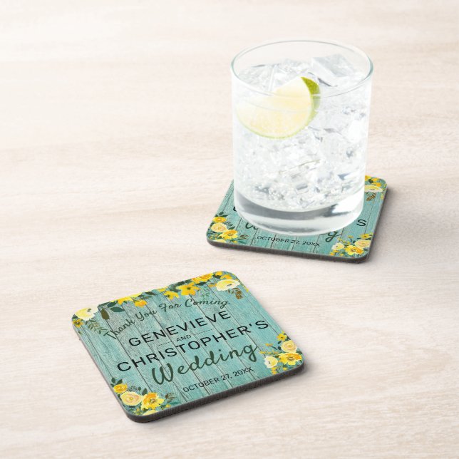 Rustic Wood Country Yellow Floral Outdoor Wedding Beverage Coaster (Right Side)