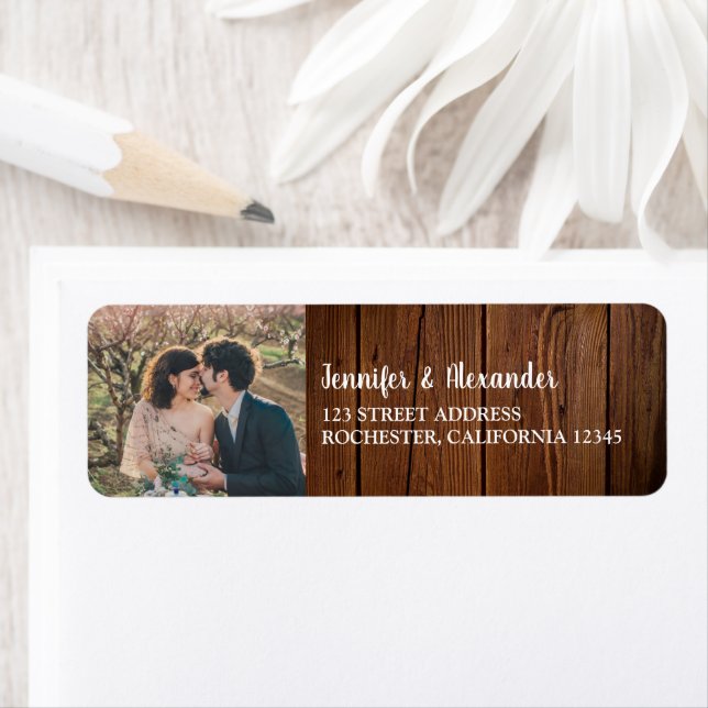 Rustic wood couple monogram name photo wedding label (Insitu)