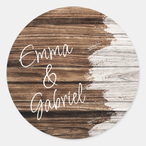Rustic Wood Couple Name  Classic Round Sticker