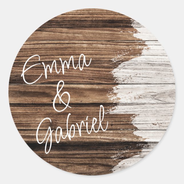 Rustic Wood Couple Name  Classic Round Sticker (Front)