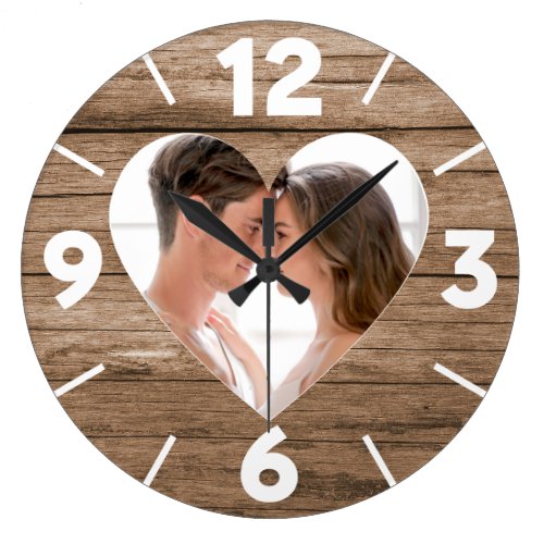 Rustic Wood Couple Photo Heart Wedding Anniversary Large Clock