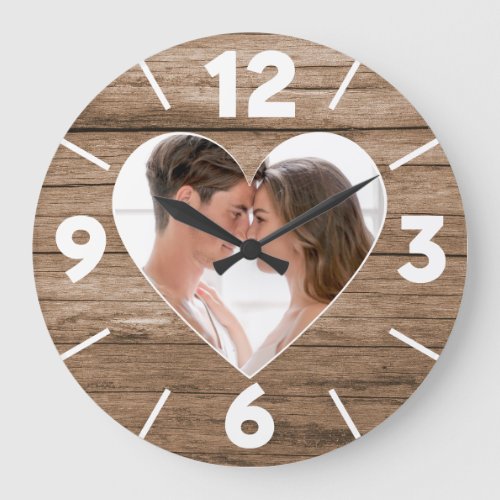 Rustic Wood Couple Photo Heart Wedding Anniversary Large Clock