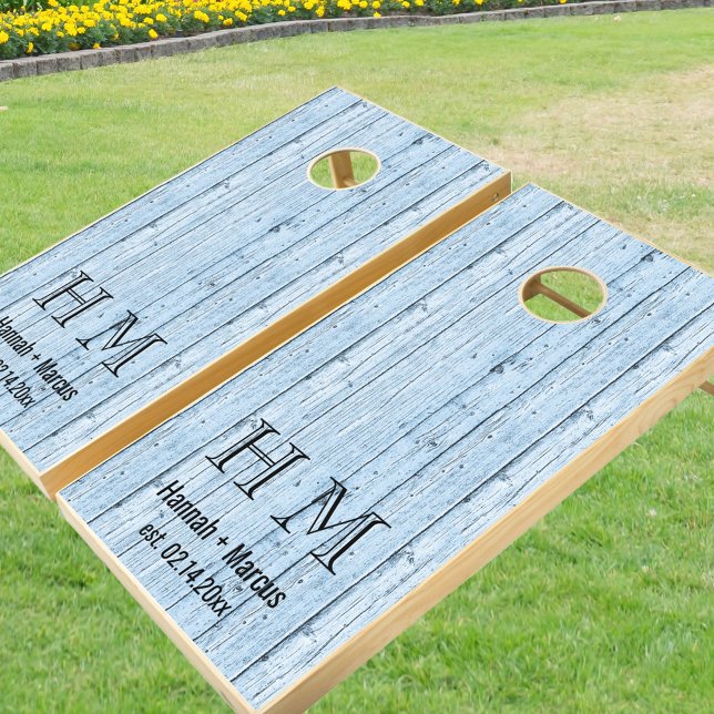 Rustic Wood Couples First Names Monogram Blue Cornhole Set (Creator Uploaded)