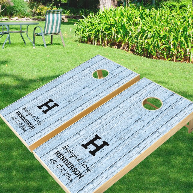 Rustic Wood Couples Monogrammed Blue Wedding Cornhole Set (Creator Uploaded)