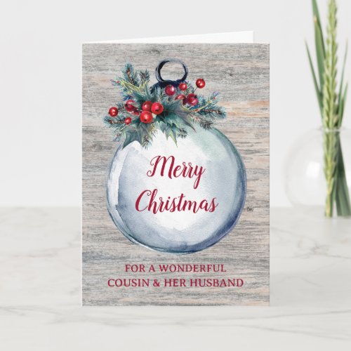 Rustic Wood Cousin and Her Husband Merry Christmas Card