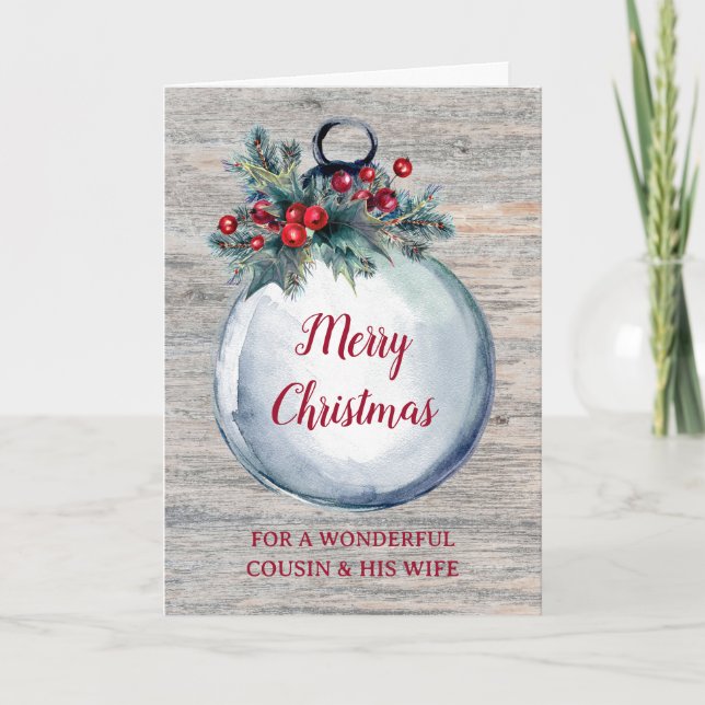 Rustic Wood Cousin and His Wife Merry Christmas Card (Front)