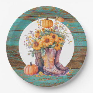 Rustic Wood Cowboy Boots Pumpkins Fall Paper Plates