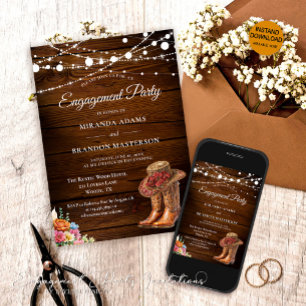 Rustic Wood Cowboy Boots Western Engagement Party Invitation