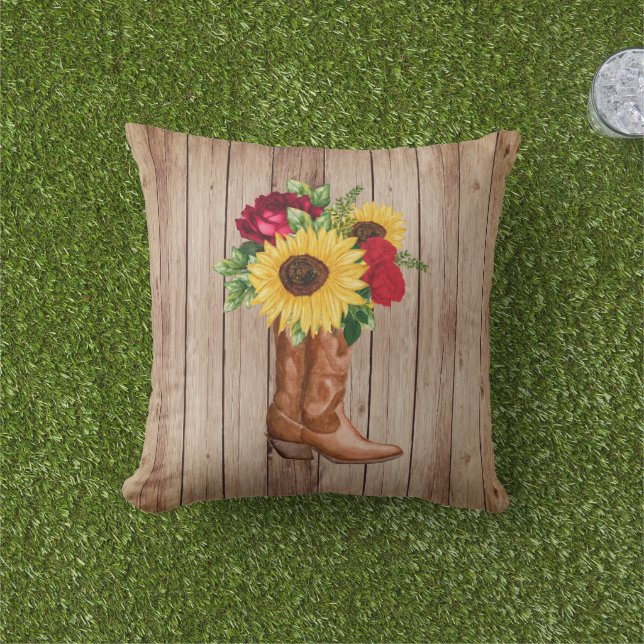 Rustic Wood Cowgirl Boots Sunflowers Red Roses Out Outdoor Pillow (Grass)