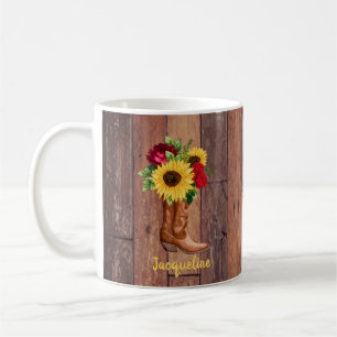 Rustic Wood Cowgirl Boots Sunflowers Roses Custom Coffee Mug