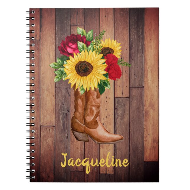 Rustic Wood Cowgirl Boots Sunflowers Roses Custom Notebook (Front)