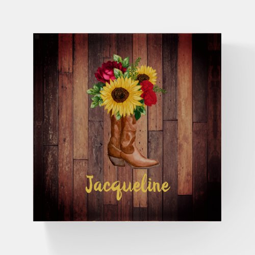Rustic Wood Cowgirl Boots Sunflowers Roses Custom  Paperweight