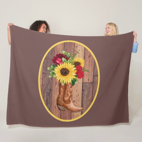 Rustic Wood Cowgirl Boots Sunflowers Roses  Fleece Blanket