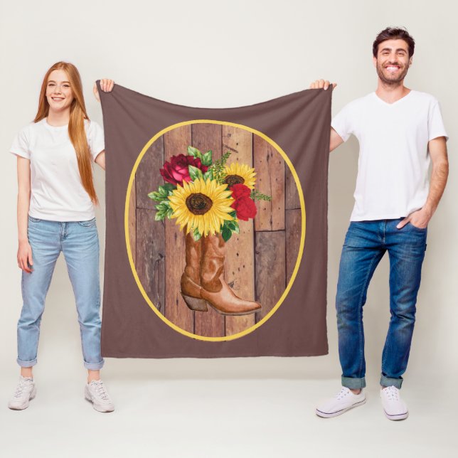 Rustic Wood Cowgirl Boots Sunflowers Roses  Fleece Blanket (In Situ)