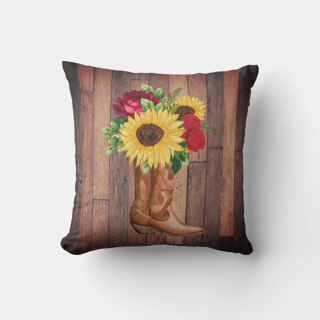 Rustic Wood Cowgirl Boots Sunflowers Roses Outdoor Pillow (Front)