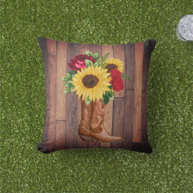 Rustic Wood Cowgirl Boots Sunflowers Roses Outdoor Pillow (Grass)