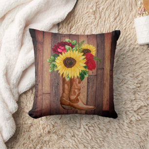 Rustic Wood Cowgirl Boots Sunflowers Roses  Throw Pillow