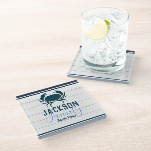 Rustic Wood Crab Custom Family Coastal Glass Coaster