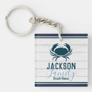 Rustic Wood Crab Custom Family Coastal Keychain