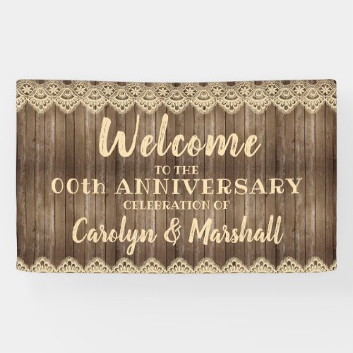 Rustic Wood  Cream Lace ANY Anniversary Banner