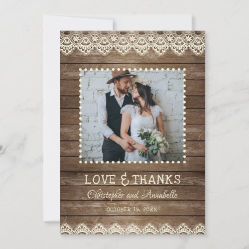 Rustic Wood Cream Lace Wedding Photo Thank You