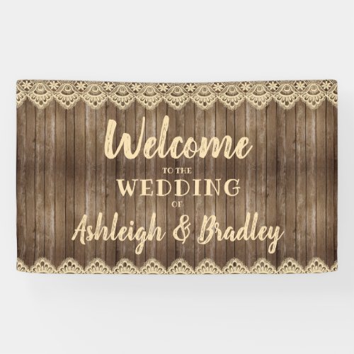 Rustic Wood Cream Lace Wedding Welcome Banner