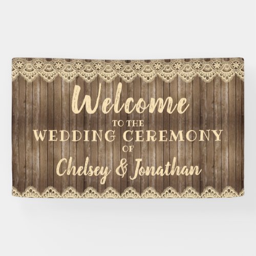 Rustic Wood  Cream Lace Wedding Welcome Banner