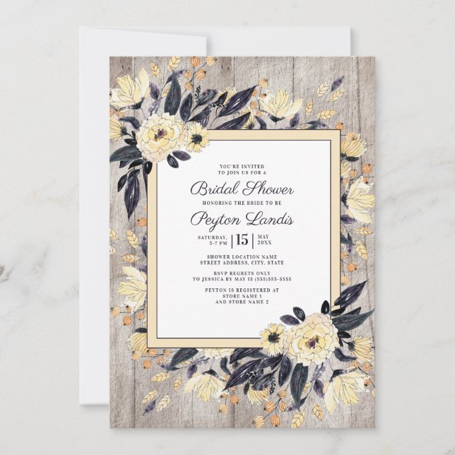 Rustic Wood Cream Navy Blue Floral Bridal Shower Invitation (Front)