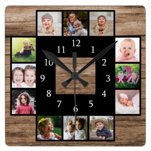 Rustic Wood Create Your Own 12 Photo Collage Square Wall Clock