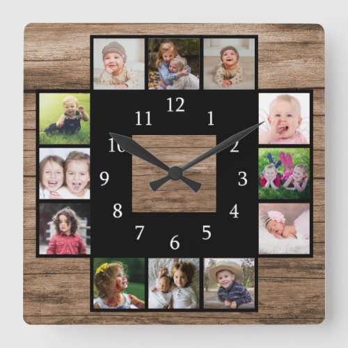 Rustic Wood Create Your Own 12 Photo Collage Square Wall Clock