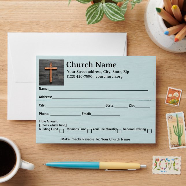 Rustic Wood Cross Blue Church Tithe Offering Envelope (Desk)