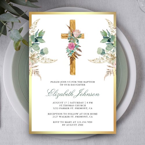 Rustic Wood Cross Boho Pampas Eucalyptus Baptism Invitation