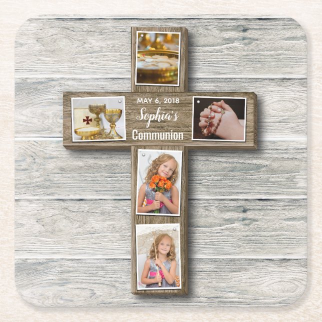 Rustic Wood Cross First Communion Photo - Coaster (Front)