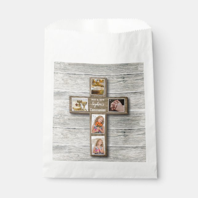Rustic Wood Cross First Communion Photo Favor Bag (Front)