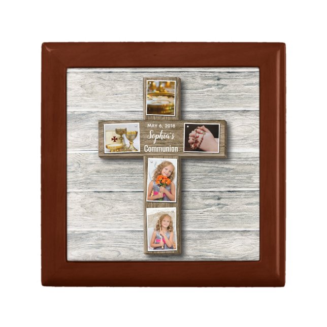 Rustic Wood Cross First Communion Photo - Gift Box (Front)