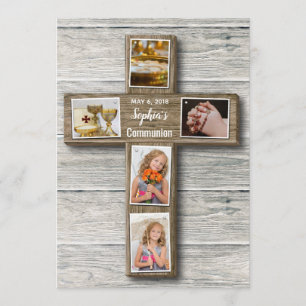 Rustic Wood Cross First Communion Photo Invitation