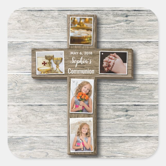 Rustic Wood Cross First Communion Photo - Sticker (Front)