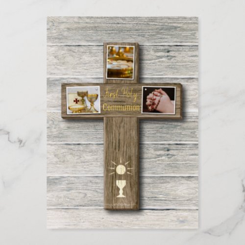 Rustic Wood Cross First Holy Communion Foil Holiday Card