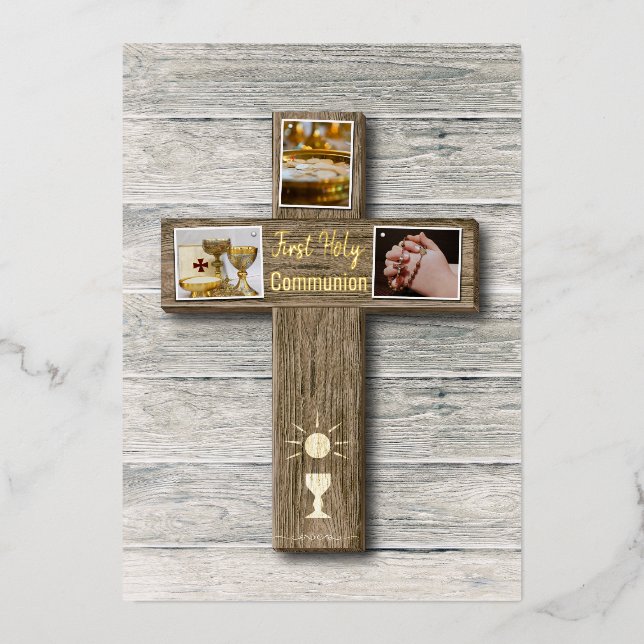 Rustic Wood Cross First Holy Communion Foil Holiday Card (Front)