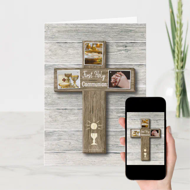 Rustic Wood Cross First Holy Communion Greeting Card | Zazzle