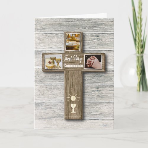 Rustic Wood Cross First Holy Communion Greeting Card