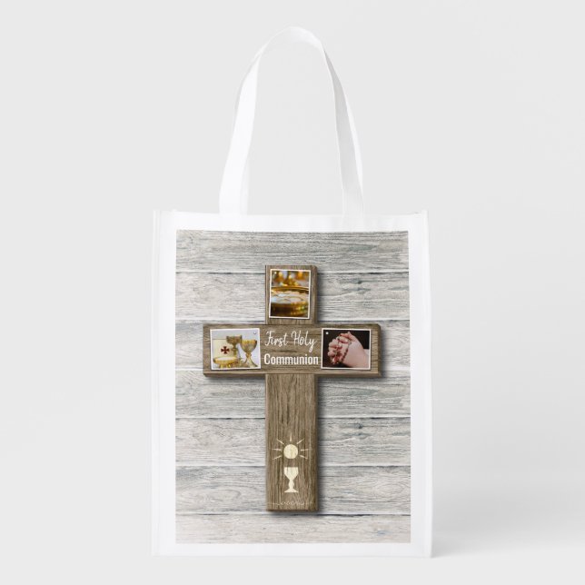 Rustic Wood Cross First Holy Communion Grocery Bag (Front)