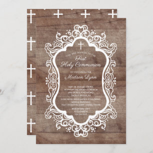 Rustic Wood Cross First Holy Communion Invitation